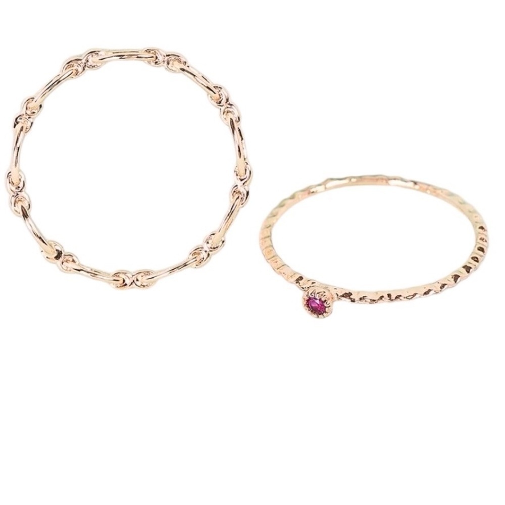 Gold Tone Delicate Chain Link Ring & Pink Garnet Colored Gemstone Ring Sz 7 New